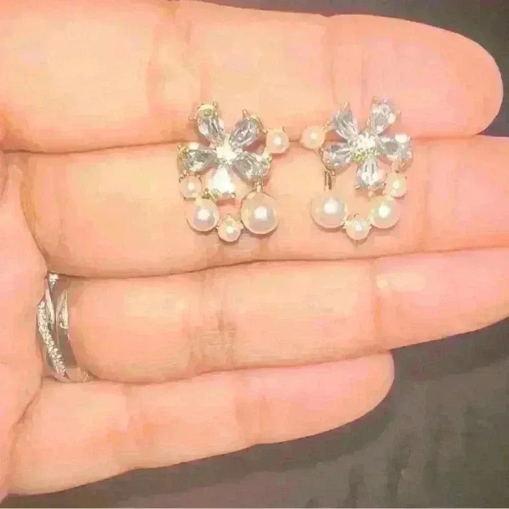 NEW-Gold Floral Stud Earrings with Pearls and Crystals